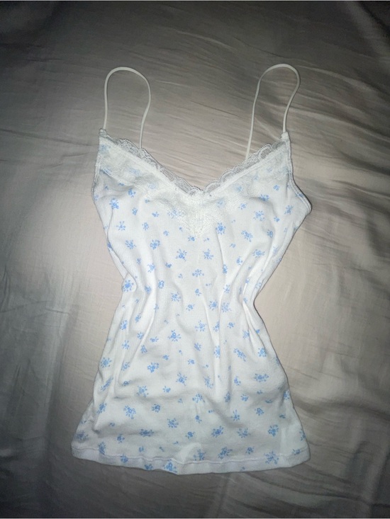 Hollister Other - Hollister White Cami with Light Blue Floral Print and Lace Trim
